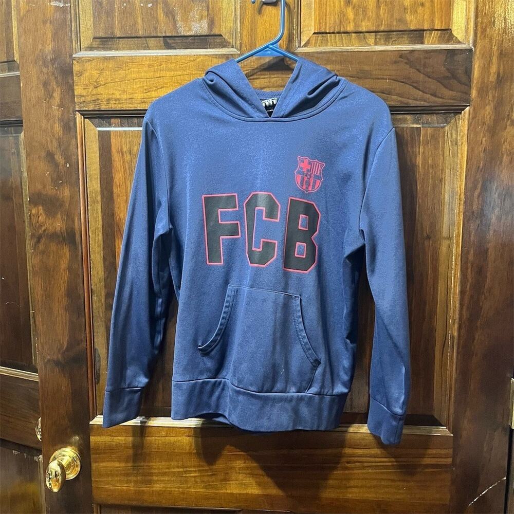 FC Barcelona Pullover Hoodie Boys Size L Navy Blue Red Crest Kangaroo